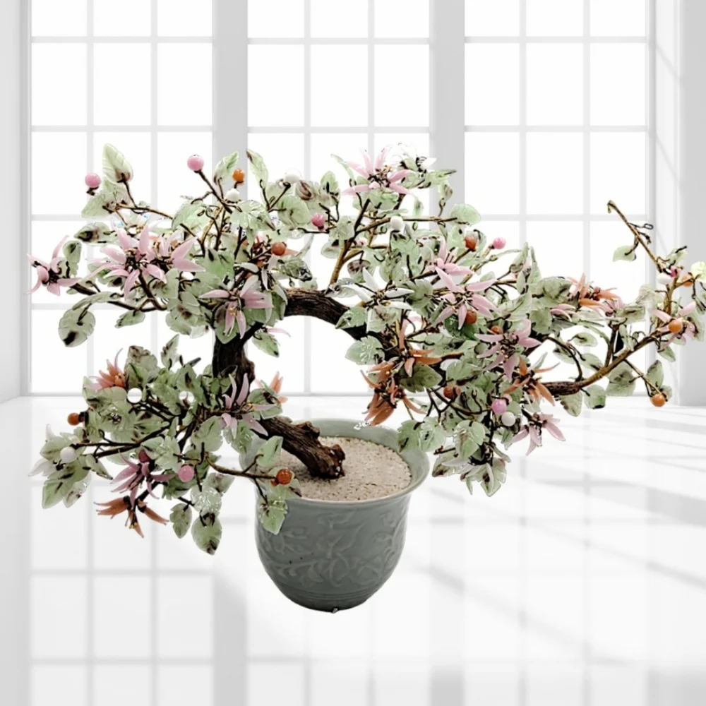 Bonsai Jade Tree Semi-Cascade Style with Pink, White, Salmon Glass